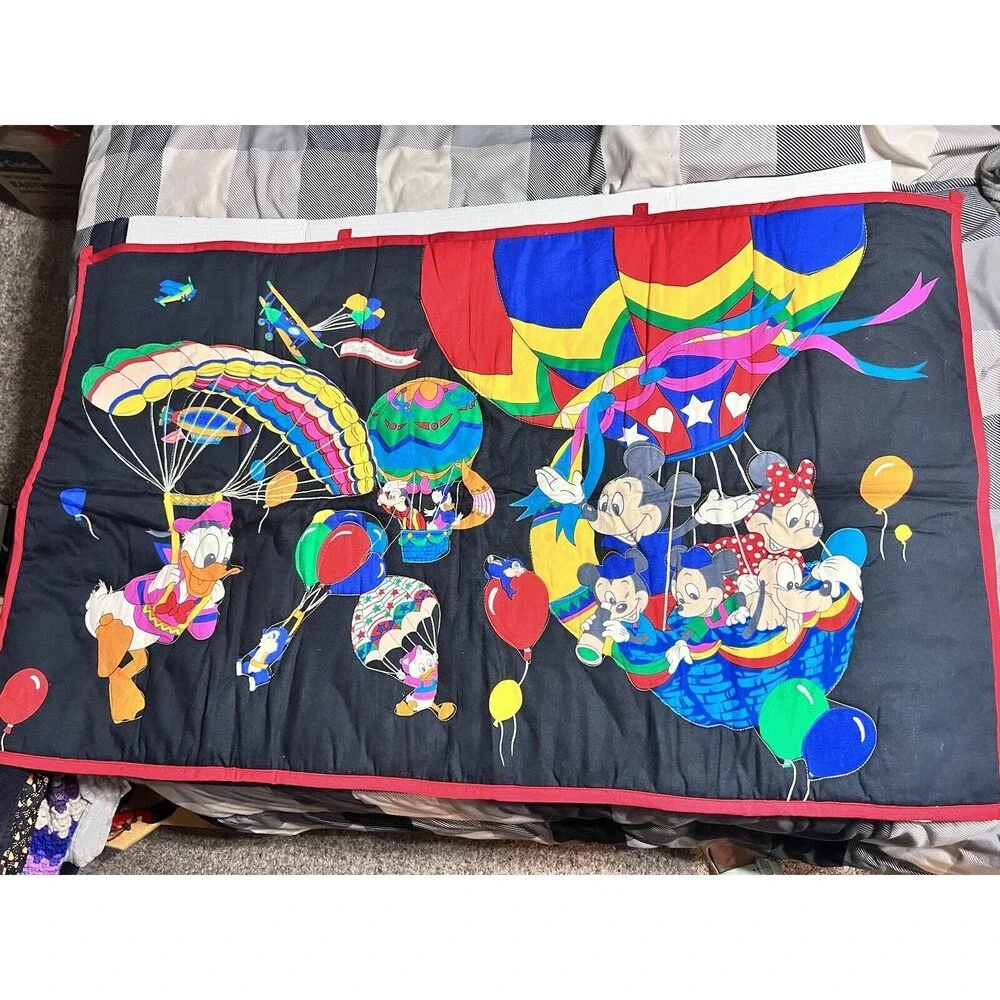 VTG Handmade Mickey Mouse Friends Blue Quilt Wall Hanging Loops Hot Air Balloon